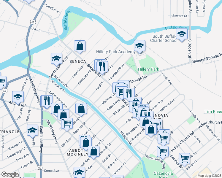 map of restaurants, bars, coffee shops, grocery stores, and more near 1953 Seneca Street in Buffalo