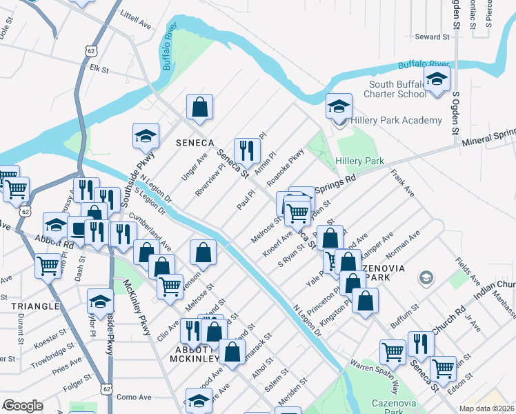 map of restaurants, bars, coffee shops, grocery stores, and more near 209 Stevenson Street in Buffalo