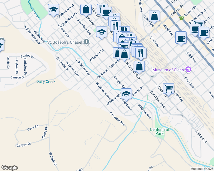 map of restaurants, bars, coffee shops, grocery stores, and more near 723 West Lewis Street in Pocatello