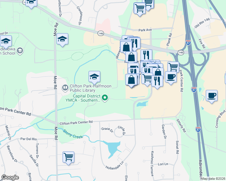 map of restaurants, bars, coffee shops, grocery stores, and more near 8 Wall Street in Saratoga County