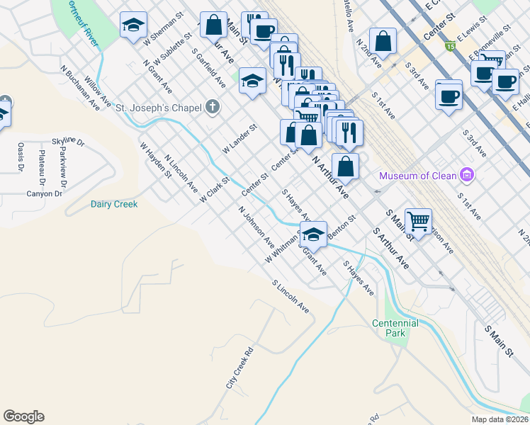 map of restaurants, bars, coffee shops, grocery stores, and more near 245 South Grant Avenue in Pocatello