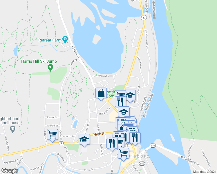 map of restaurants, bars, coffee shops, grocery stores, and more near 112 Anna Marsh Lane in Brattleboro