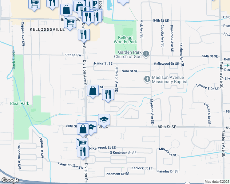 map of restaurants, bars, coffee shops, grocery stores, and more near 153 Majestic Street Southeast in Kentwood