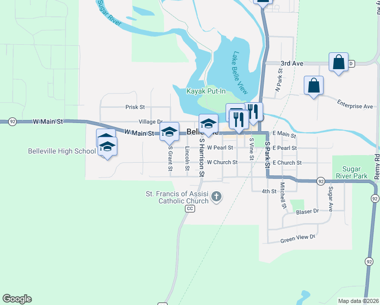 map of restaurants, bars, coffee shops, grocery stores, and more near 329 West Church Street in Belleville