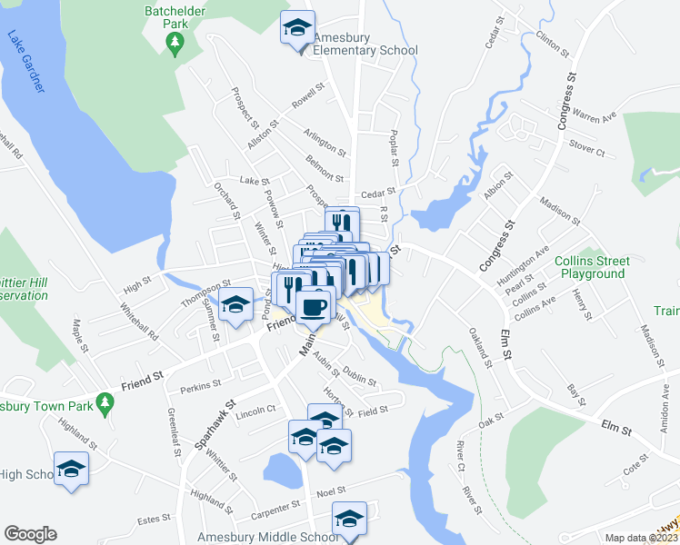 map of restaurants, bars, coffee shops, grocery stores, and more near 18 Market Street in Amesbury