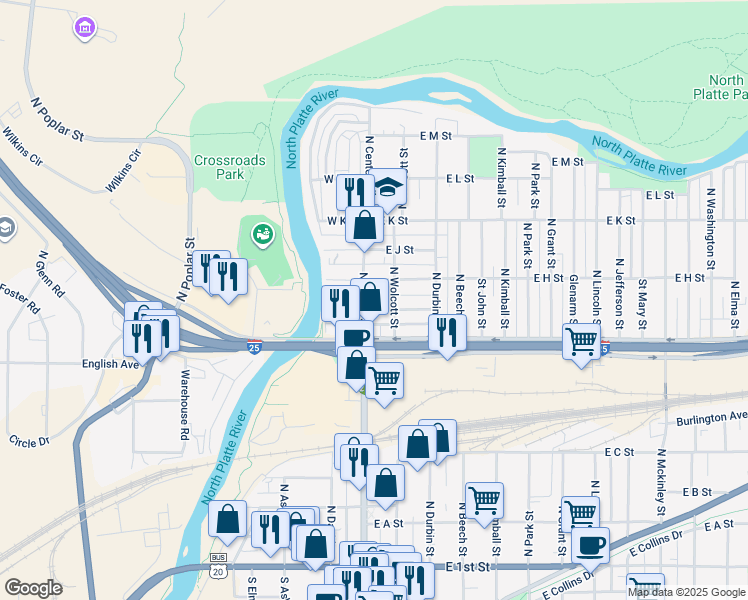 map of restaurants, bars, coffee shops, grocery stores, and more near 129 East G Street in Casper