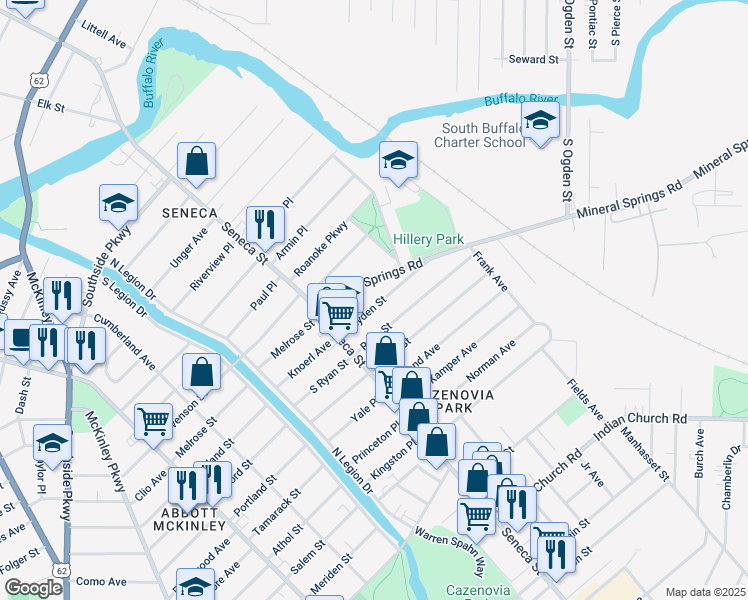 map of restaurants, bars, coffee shops, grocery stores, and more near 54 Hayden Street in Buffalo