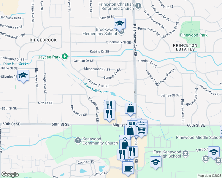 map of restaurants, bars, coffee shops, grocery stores, and more near 1469 Hidden Valley Drive Southeast in Kentwood