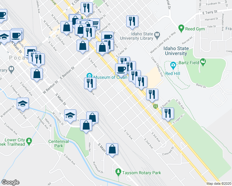 map of restaurants, bars, coffee shops, grocery stores, and more near 955 South 3rd Avenue in Pocatello