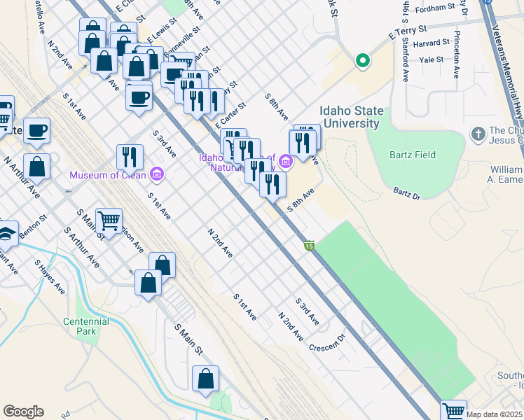 map of restaurants, bars, coffee shops, grocery stores, and more near 525 East Dillon Street in Pocatello