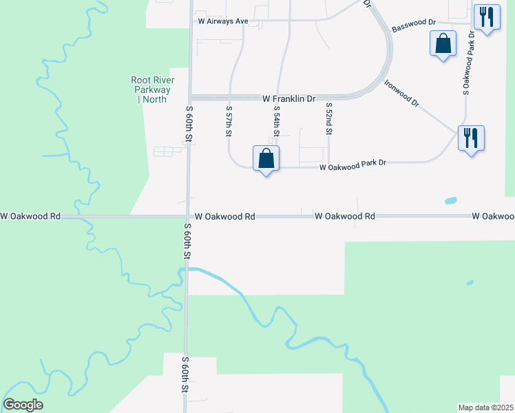map of restaurants, bars, coffee shops, grocery stores, and more near 5550 West Oakwood Road in Franklin