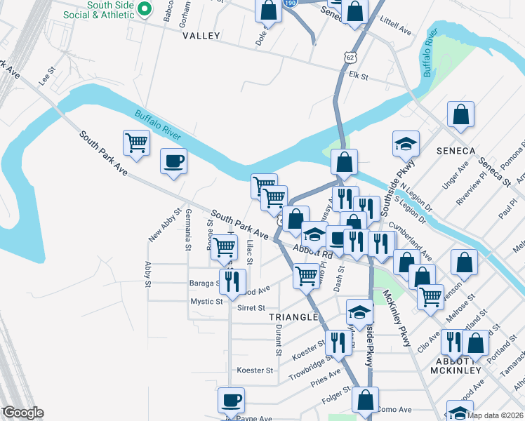 map of restaurants, bars, coffee shops, grocery stores, and more near 1460 South Park Avenue in Buffalo