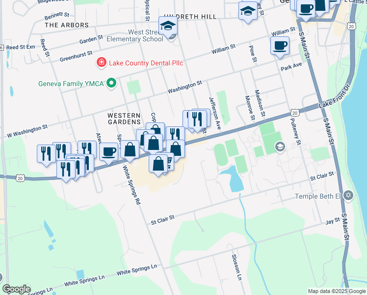 map of restaurants, bars, coffee shops, grocery stores, and more near 303 Hamilton Street in Geneva