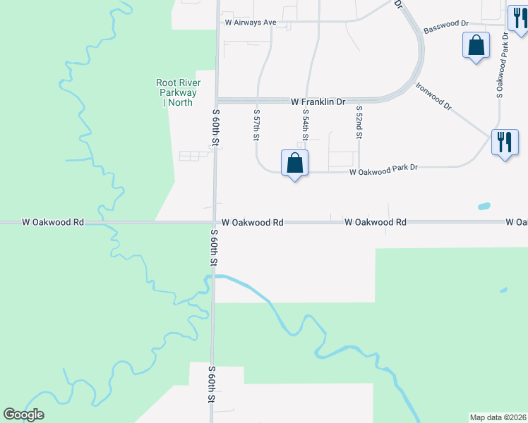 map of restaurants, bars, coffee shops, grocery stores, and more near 5733 West Oakwood Road in Franklin