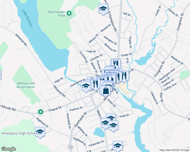 map of restaurants, bars, coffee shops, grocery stores, and more near 1 Short Street in Amesbury