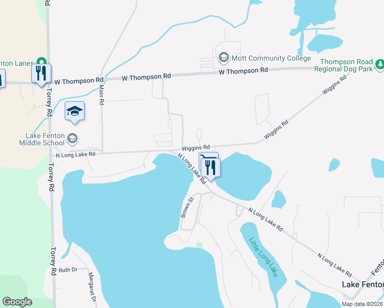 map of restaurants, bars, coffee shops, grocery stores, and more near 2300 North Long Lake Road in Fenton