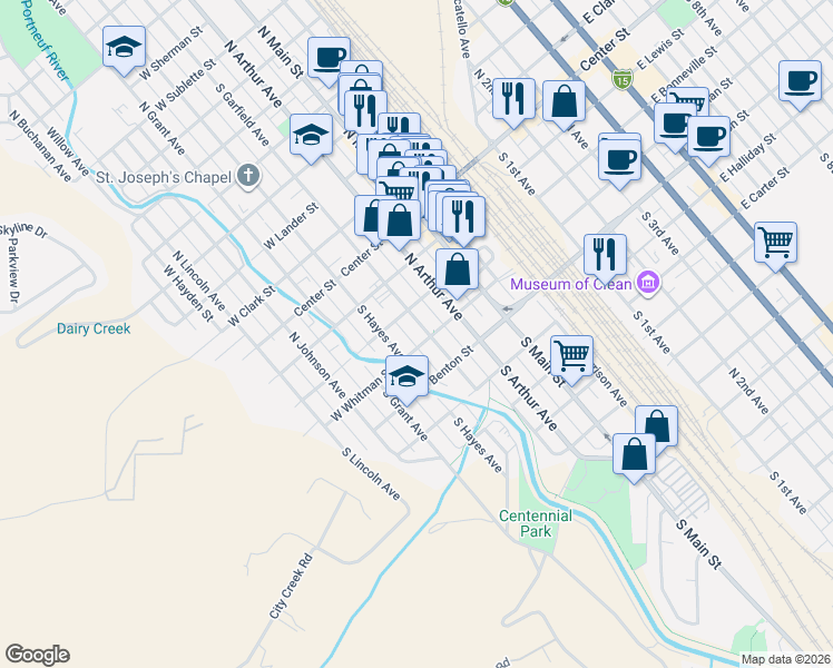 map of restaurants, bars, coffee shops, grocery stores, and more near 537 West Whitman Street in Pocatello
