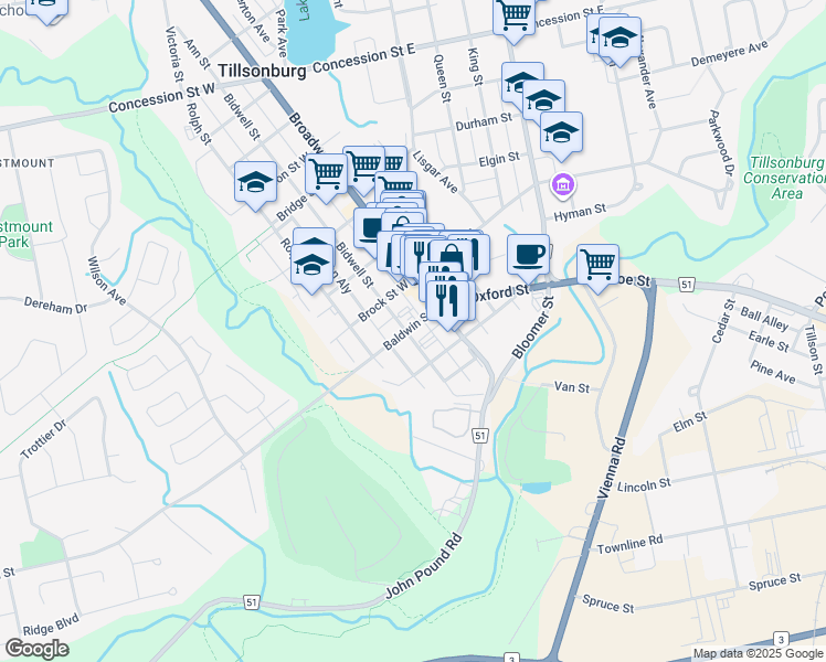 map of restaurants, bars, coffee shops, grocery stores, and more near 22 Bidwell Street in Tillsonburg