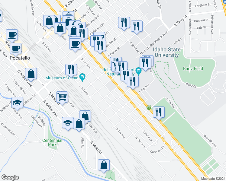 map of restaurants, bars, coffee shops, grocery stores, and more near 1014 South 3rd Avenue in Pocatello