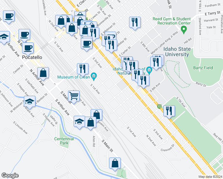map of restaurants, bars, coffee shops, grocery stores, and more near 938 South 2nd Avenue in Pocatello