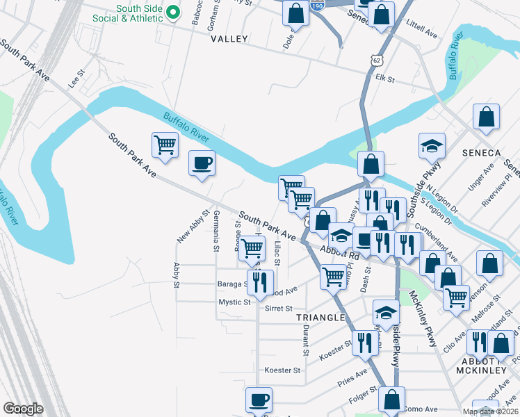 map of restaurants, bars, coffee shops, grocery stores, and more near 1409 South Park Avenue in Buffalo