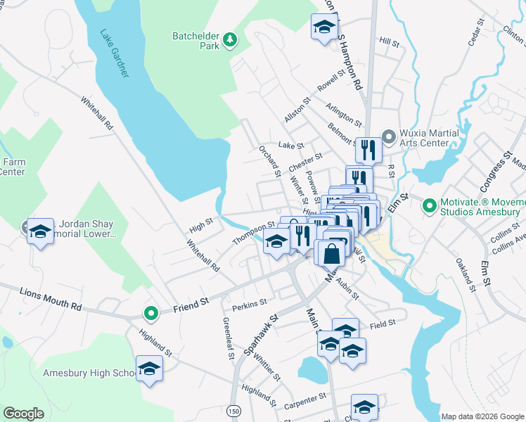 map of restaurants, bars, coffee shops, grocery stores, and more near 98 Essex Street in Amesbury