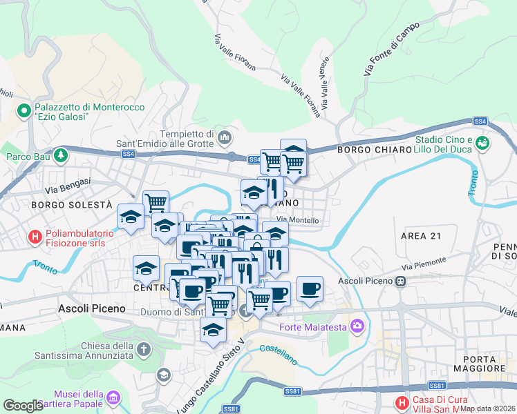map of restaurants, bars, coffee shops, grocery stores, and more near Via Piave in Ascoli Piceno