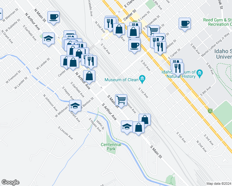 map of restaurants, bars, coffee shops, grocery stores, and more near 215 West Halliday Street in Pocatello