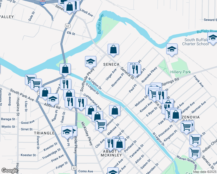 map of restaurants, bars, coffee shops, grocery stores, and more near 75 Unger Avenue in Buffalo