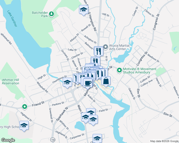 map of restaurants, bars, coffee shops, grocery stores, and more near 20 Linwood Place in Amesbury