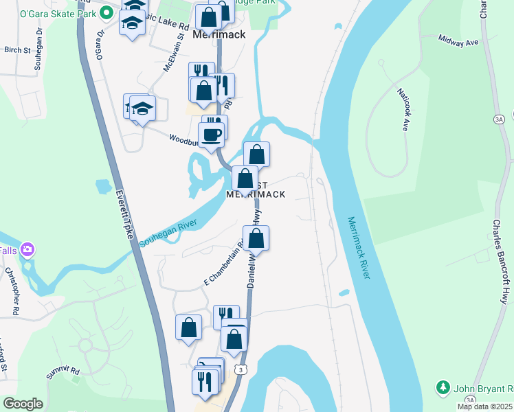 map of restaurants, bars, coffee shops, grocery stores, and more near 416 Daniel Webster Highway in Merrimack