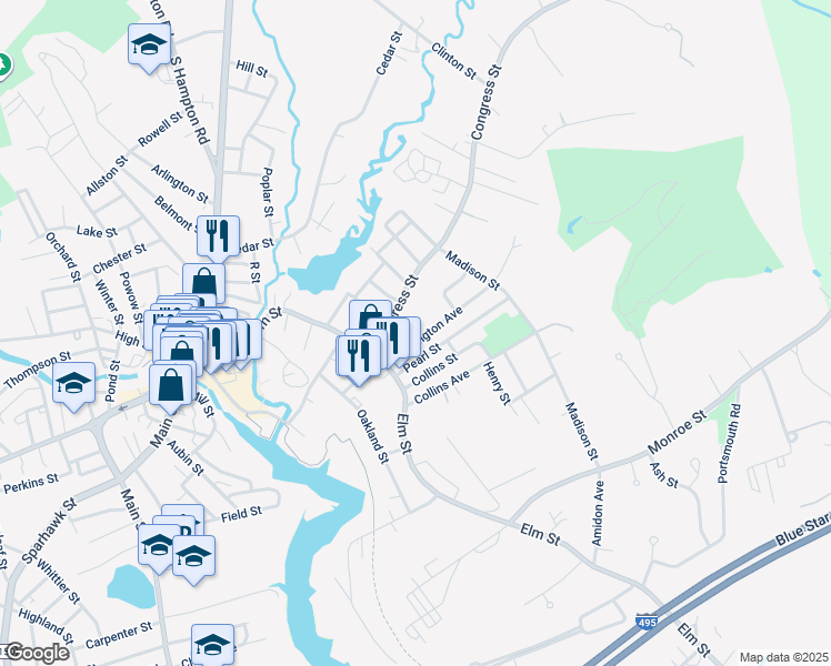 map of restaurants, bars, coffee shops, grocery stores, and more near 17 Huntington Avenue in Amesbury