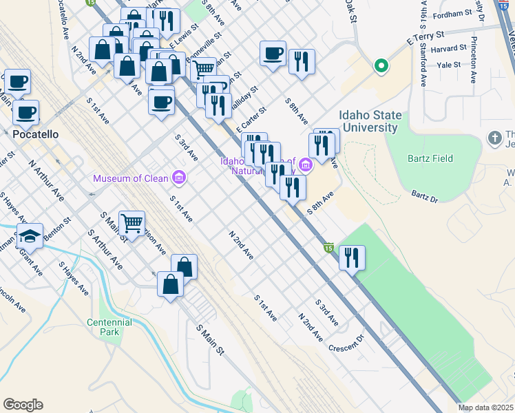 map of restaurants, bars, coffee shops, grocery stores, and more near 930 South 4th Avenue in Pocatello