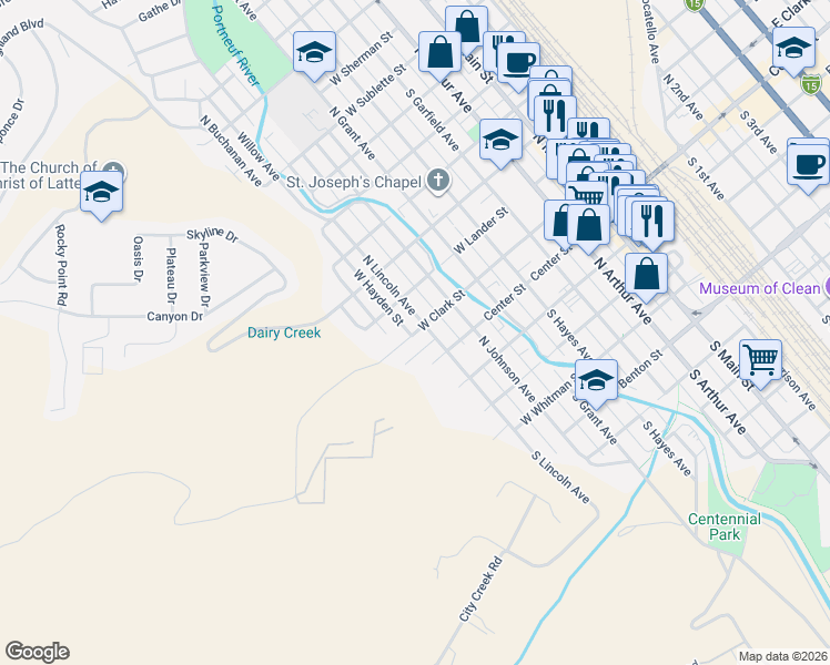 map of restaurants, bars, coffee shops, grocery stores, and more near 238 North Lincoln Avenue in Pocatello
