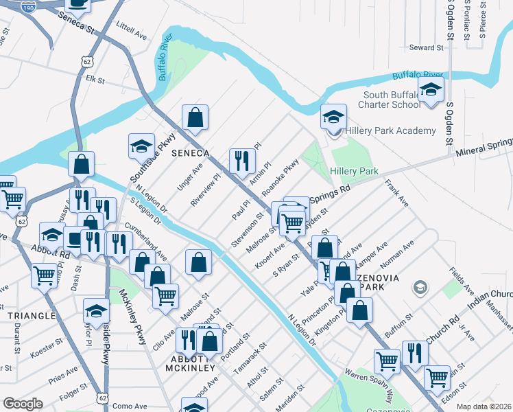 map of restaurants, bars, coffee shops, grocery stores, and more near 1892 Seneca Street in Buffalo