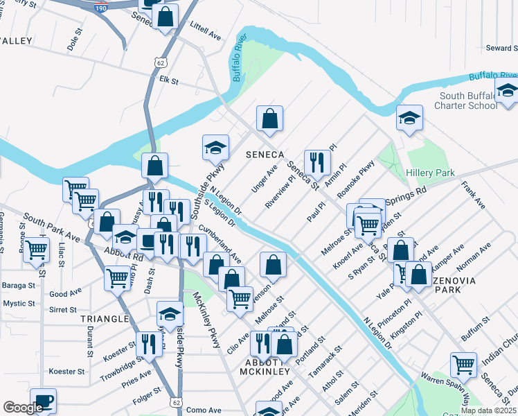 map of restaurants, bars, coffee shops, grocery stores, and more near 75 Unger Avenue in Buffalo