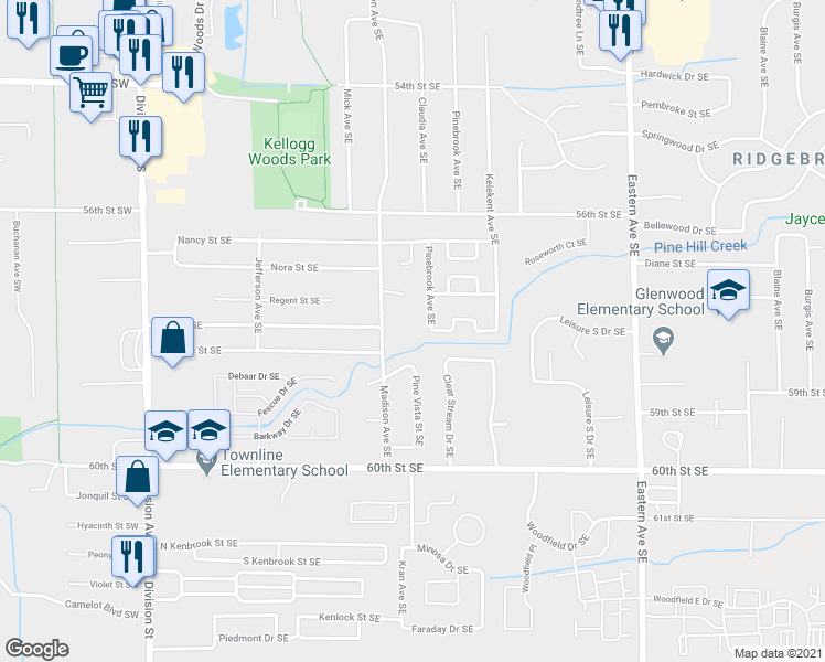 map of restaurants, bars, coffee shops, grocery stores, and more near 5765 Pinebrook Avenue Southeast in Kentwood