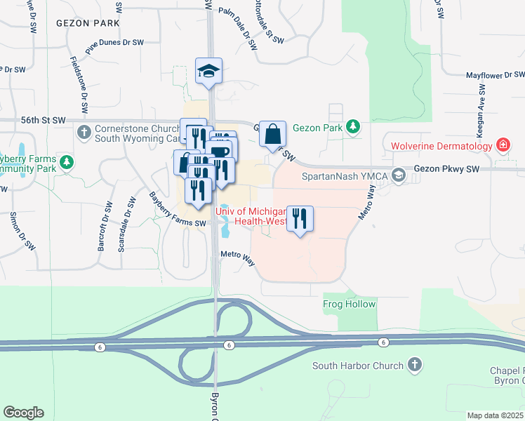 map of restaurants, bars, coffee shops, grocery stores, and more near 5840 Byron Center Avenue Southwest in Wyoming
