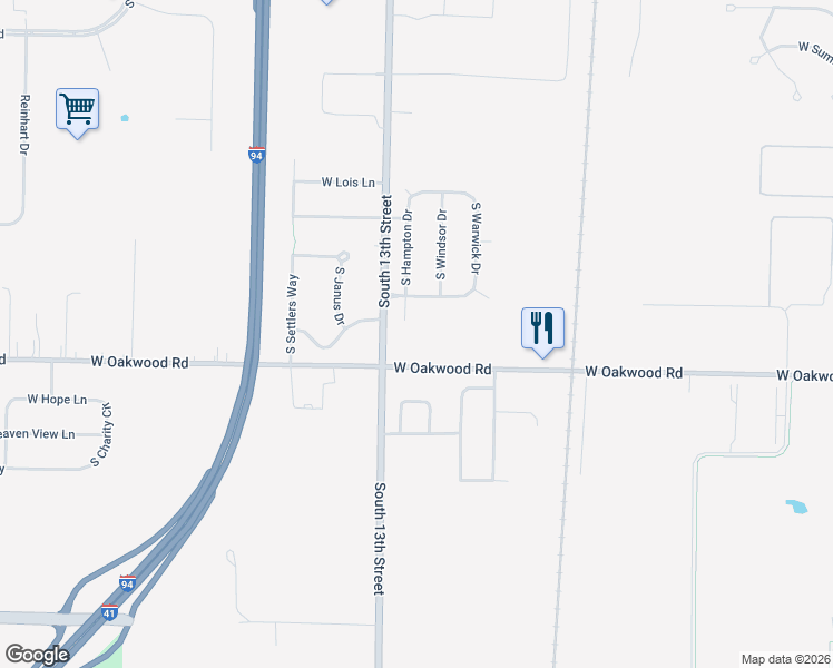 map of restaurants, bars, coffee shops, grocery stores, and more near 1201 West Buckingham Drive in Oak Creek