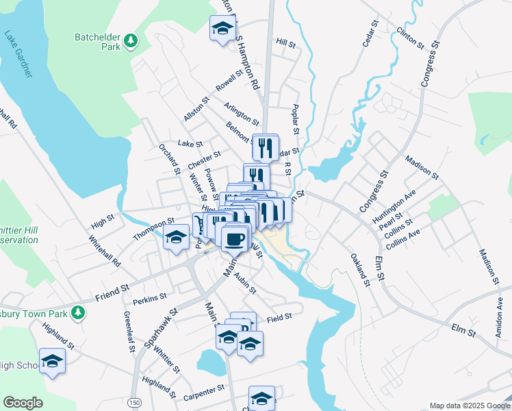 map of restaurants, bars, coffee shops, grocery stores, and more near 20 Linwood Place in Amesbury