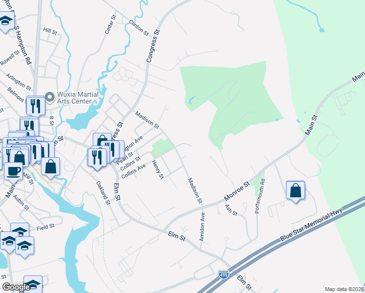 map of restaurants, bars, coffee shops, grocery stores, and more near 41R Madison Street in Amesbury