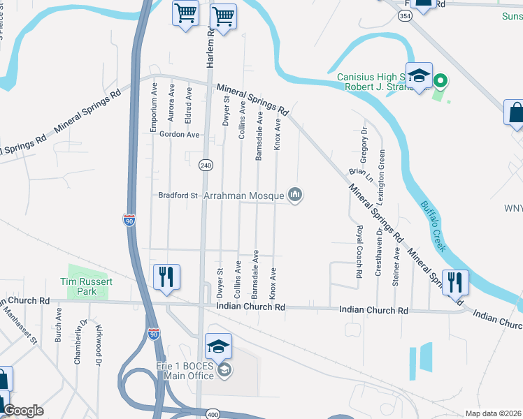 map of restaurants, bars, coffee shops, grocery stores, and more near 155 Barnsdale Avenue in West Seneca