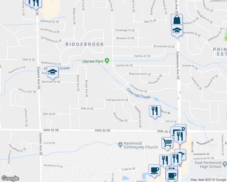 map of restaurants, bars, coffee shops, grocery stores, and more near 1227 Ridgebrook Court Southeast in Grand Rapids
