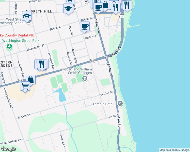 map of restaurants, bars, coffee shops, grocery stores, and more near 311 Pulteney Street in Geneva