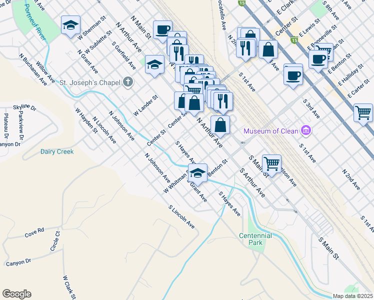 map of restaurants, bars, coffee shops, grocery stores, and more near 229 South Garfield Avenue in Pocatello