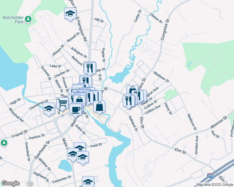 map of restaurants, bars, coffee shops, grocery stores, and more near 101 Elm Street in Amesbury