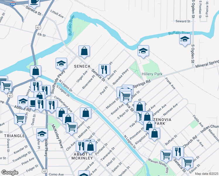 map of restaurants, bars, coffee shops, grocery stores, and more near 1892 Seneca Street in Buffalo