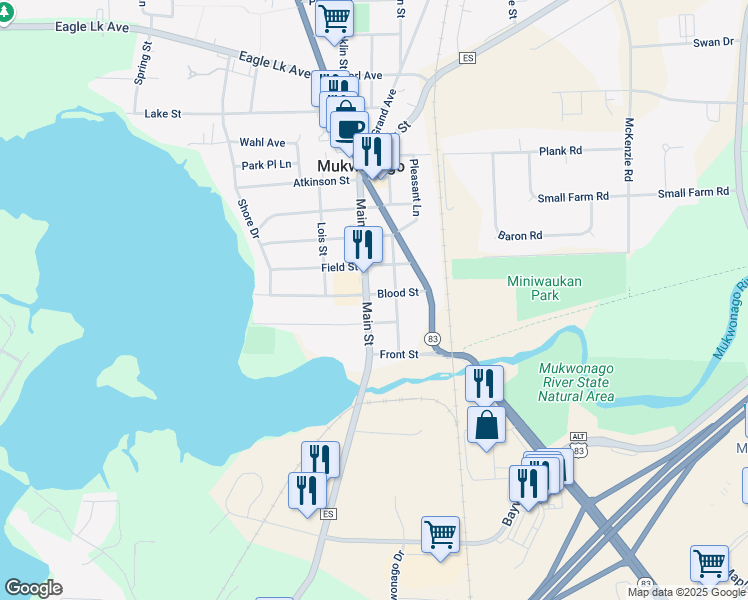 map of restaurants, bars, coffee shops, grocery stores, and more near 506 Main Street in Mukwonago