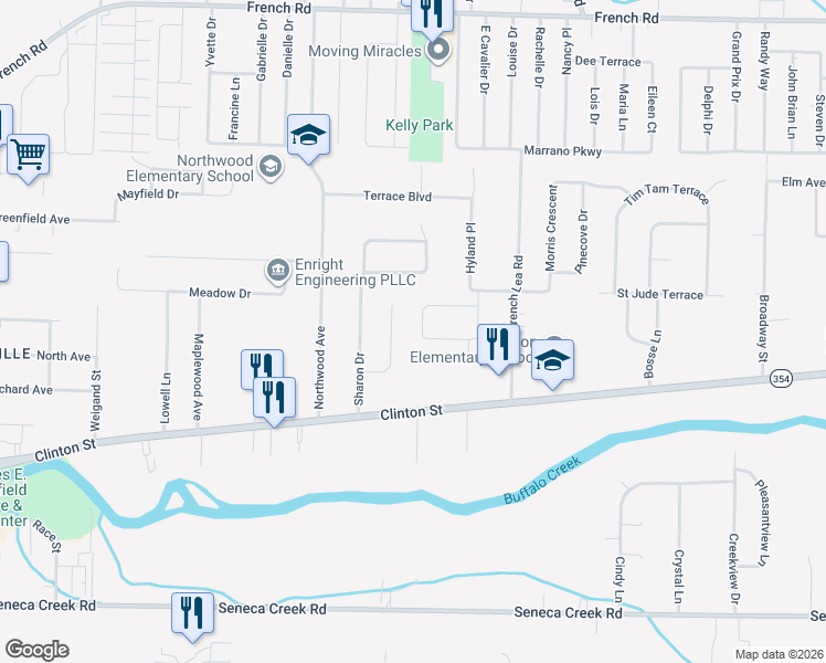 map of restaurants, bars, coffee shops, grocery stores, and more near 55 Kathy Lane in Buffalo