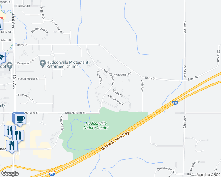 map of restaurants, bars, coffee shops, grocery stores, and more near 2599 Nixon Drive in Hudsonville